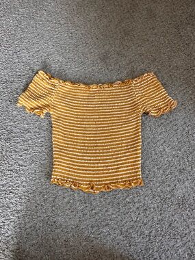 Heart & Hips Yellow and White Striped Off-Shoulder Crop Top